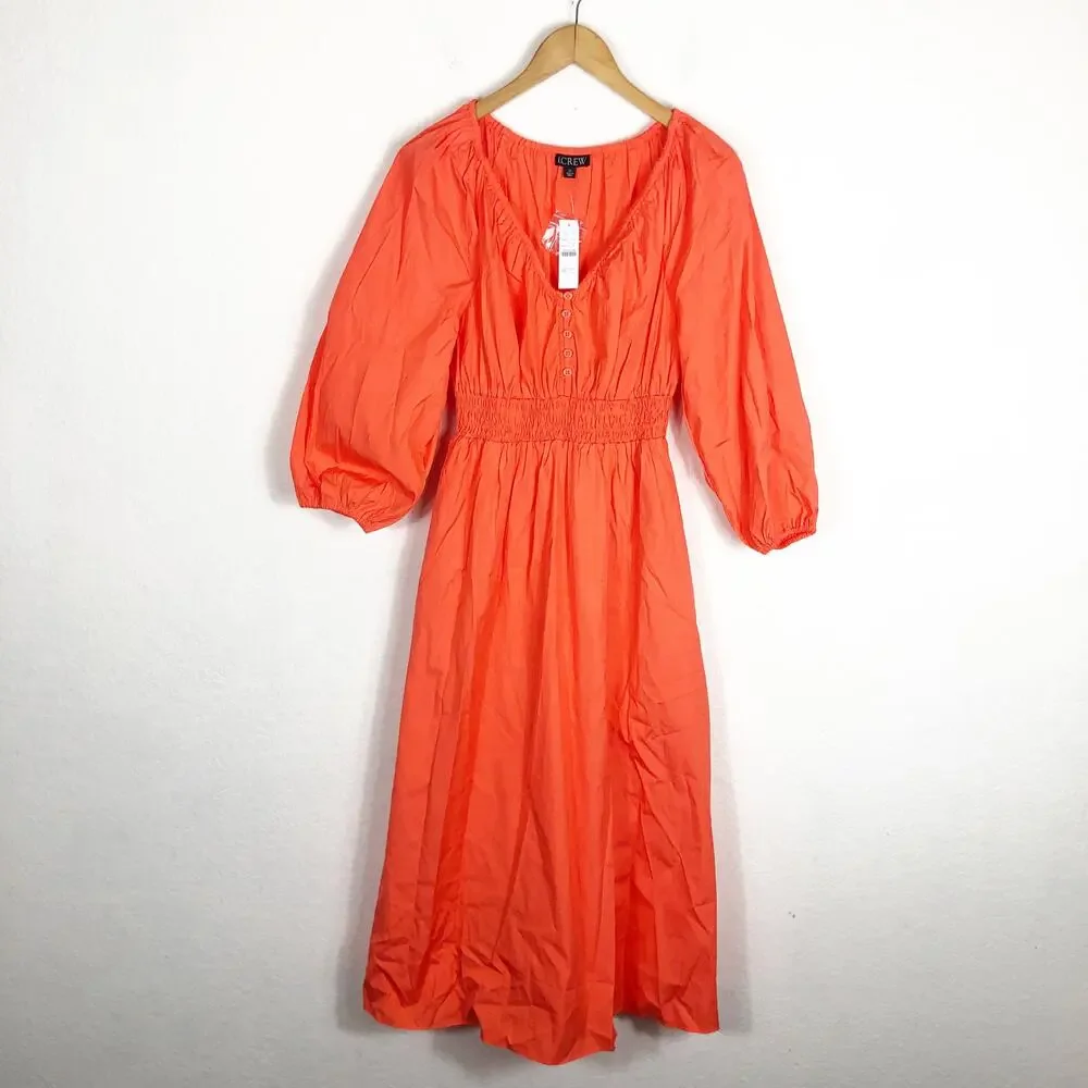 NWT J. CREW Orange Cotton Poplin V Neck Smocked Waist Midi Dress Size XS Boho